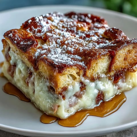 A fork takes a bite from a slice of Monte Cristo Breakfast Casserole revealing layers of Swiss cheese, ham, and custardy bread.