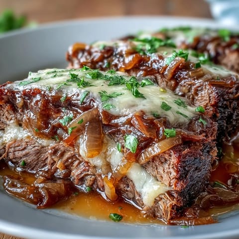 Tender Savory Crock Pot French Onion Pot Roast in a crock pot with onions and thyme.