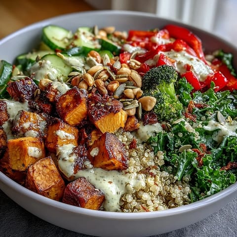 Overhead view of five glass meal prep containers filled with the Week-Long Power Bowl, featuring fresh cucumbers, tomatoes, and chickpeas.