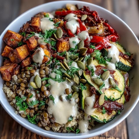 Steaming Lentil Power Bowl topped with caramelized sweet potato and maple-tahini drizzle.