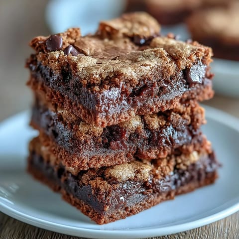 Two stacked Hojicha Brookies showcasing rich, dark crumb and melty chocolate chips, ready to serve warm with vanilla ice cream. 