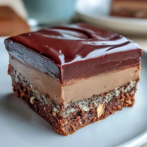 Perfectly set Hojicha Fudge squares are stacked high, ready to be served alongside a steaming cup of Japanese green tea for a cozy dessert pairing.