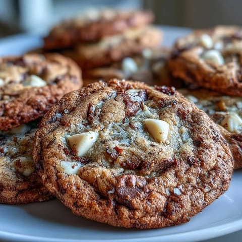 A close-up of a Brown Butter Hojicha & Earl Grey Cookie with melted white chocolate chips and flecks of tea.