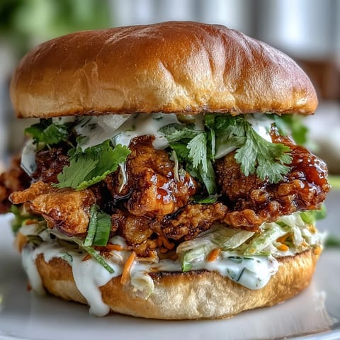 Golden-brown Thai Fried Chicken Sandwich stacked high with crunchy cabbage and spicy mayo dripping from the sides.
