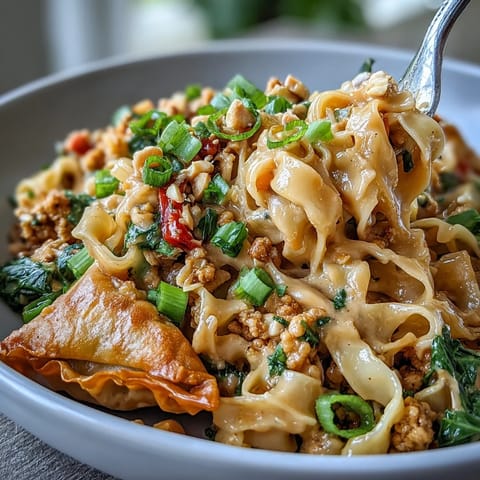 Golden brown potsticker-style noodles with crispy edges mingle in Creamy Thai-Inspired Peanut Noodle Bowls, tossed with snap peas and carrots in a rich peanut sauce.