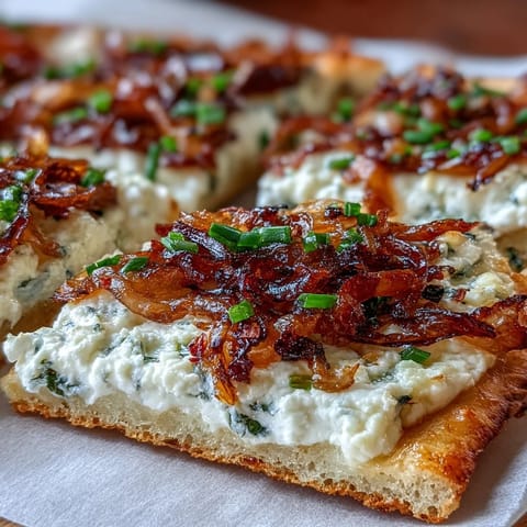 Crisp Goat Cheese & Caramelized Onion Flatbread topped with drizzled honey and chili flakes, served warm and golden.