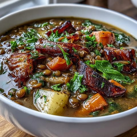 Hearty ham bone and lentil soup with tender root vegetables simmering in a rich, savory broth—perfect for cozy meals.