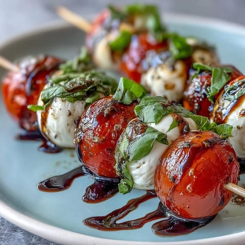 Picnic Caprese Skewers with Balsamic Drizzle: Colorful skewers of cherry tomatoes, mozzarella, and basil, drizzled with sweet-tangy balsamic reduction for a fresh appetizer.