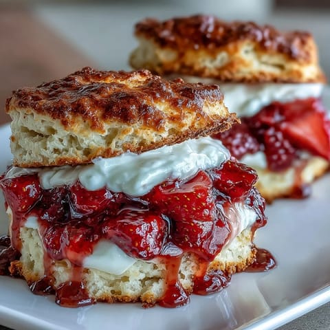 Strawberry Scone Shortcakes with Vanilla Yogurt: golden, flaky scones layered with fresh strawberries and creamy vanilla yogurt for a delightful dessert.  