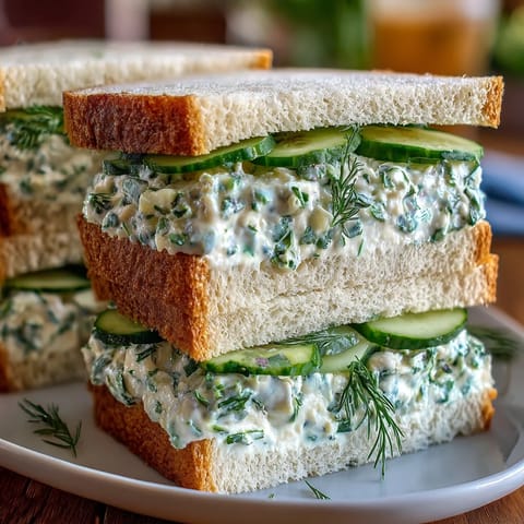 Creamy cucumber and dill Benedictine spread layered between soft white and wheat bread for Derby Day tea sandwiches.  