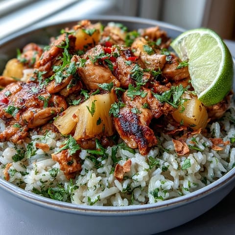 Vibrant Coconut Pineapple Chicken Rice Bowls with juicy chicken, fresh pineapple, and coconut rice topped with herbs and tangy sauce.