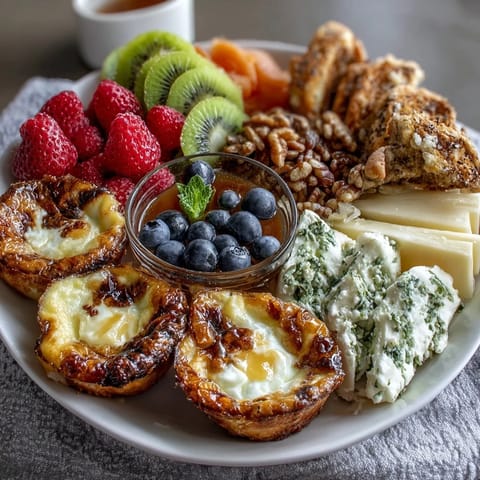 Elegant Mother's Day brunch spread featuring savory mini quiches, colorful fruit, and assorted cheeses on a large board.  