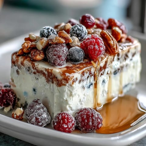 Frozen yogurt berry bark with fresh strawberries and blueberries on a white plate, drizzled with honey and ready to enjoy.
