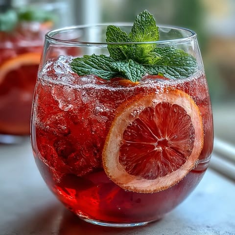 Sparkling Spring Citrus Mocktail with Grapefruit and Lime in a glass with ice and mint sprig.