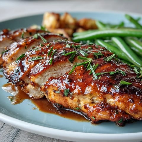 Honey mustard chicken with green beans in a golden skillet, topped with tangy glaze and bright lemon zest for a fresh springtime meal.