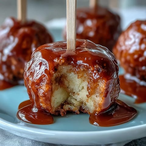 Bite-sized candy apple pieces on toothpicks, glossy red coating glistening under light, perfect for festive snacking.