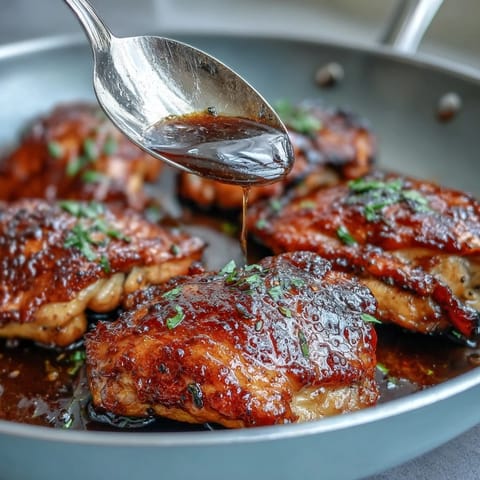 Golden baked chicken thighs coated in a sweet and savory honey garlic sauce, perfect for a cozy family dinner.  