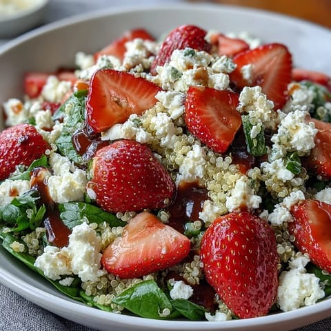 Strawberry Feta Quinoa Salad with juicy strawberries, creamy feta, and a tangy balsamic dressing in a colorful, healthy bowl.