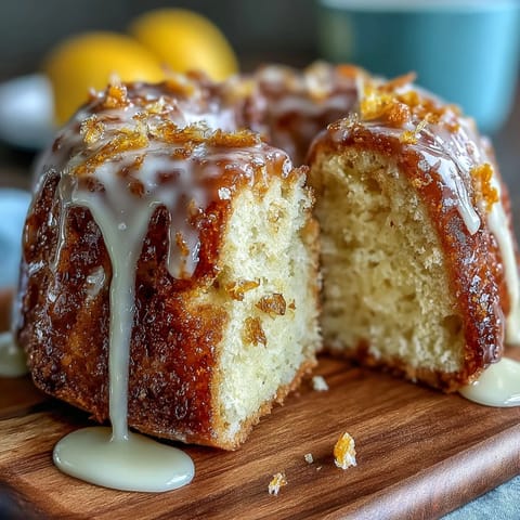 Zesty lemon pound cake infused with Limoncello liqueur, drizzled with tangy glaze, and topped with fresh lemon zest for a vibrant finish.  