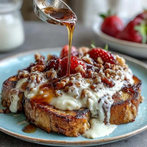 Decadent Strawberry French Toast Bake featuring juicy strawberries, rich custard, and a buttery cinnamon topping—perfect for a festive spring breakfast or brunch.