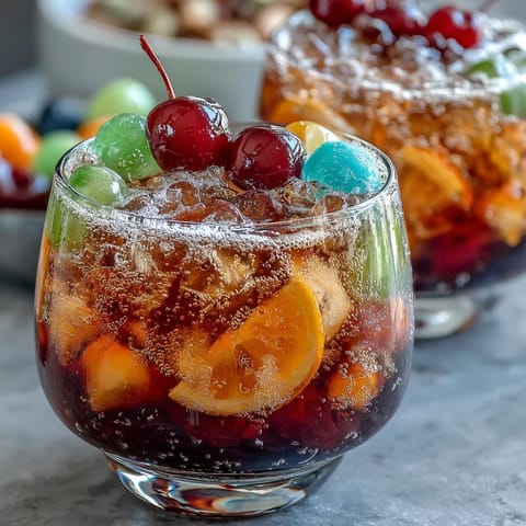 A vibrant punch bowl brimming with rainbow sherbet and fizzy lemon-lime soda for a festive grad party.