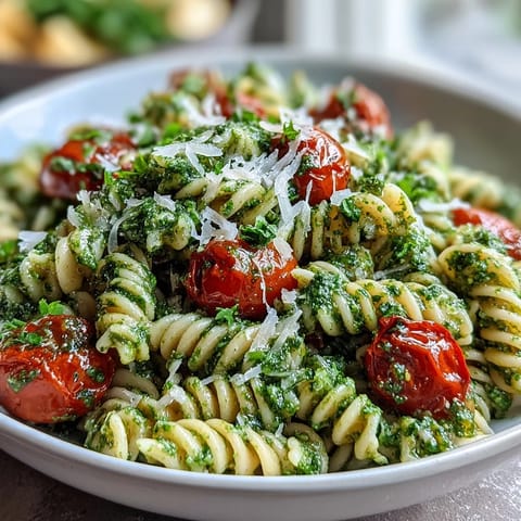 Fresh summer pasta salad with pesto and cherry tomatoes, bursting with basil aroma and vibrant colors for a perfect picnic side dish.  