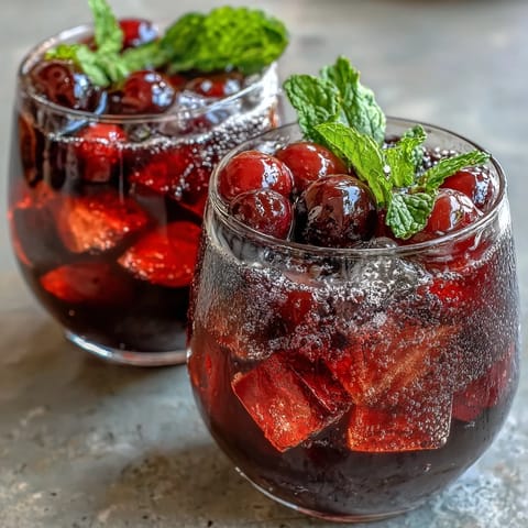 A refreshing non-alcoholic sangria featuring white grape and citrus, garnished with strawberries and mint leaves.