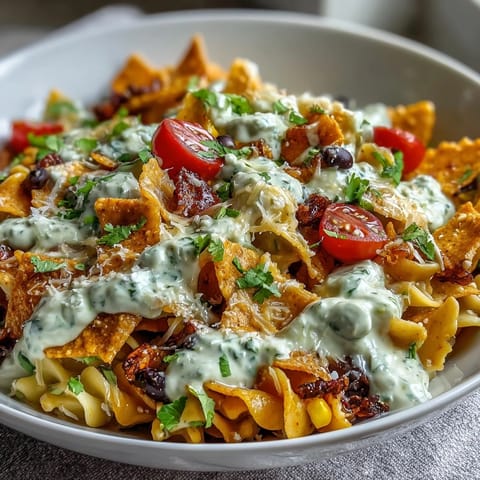 Creamy Avocado Ranch Taco Pasta Salad with Doritos, black beans, and crisp romaine lettuce in a vibrant bowl.  
