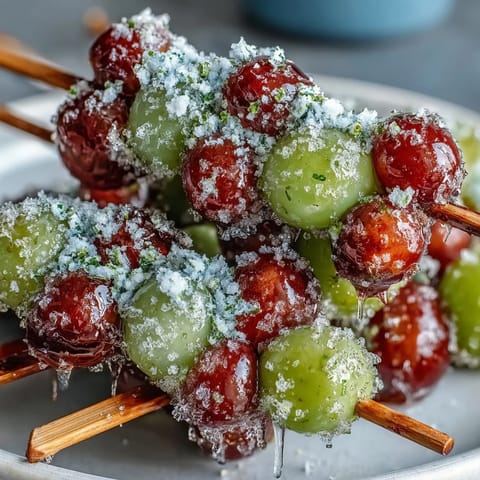 Frozen grape skewers coated in tangy lime sugar, perfect for a refreshing summer snack.  