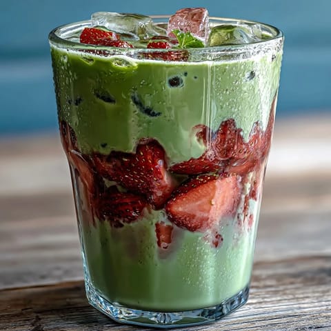 Two glasses of refreshing strawberry matcha latte, perfect for a summer vegan treat.