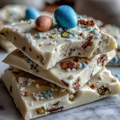 Festive white chocolate bark with pastel Easter eggs and crunchy pistachios, a perfect sweet treat for spring celebrations.