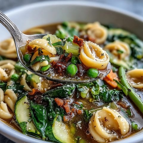 Spring Minestrone soup with fresh vegetables and pasta in a vibrant broth, garnished with Parmesan and basil.