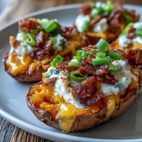 Crispy loaded sweet potato skins with smoky bacon, melted cheddar, and a dollop of sour cream for a savory appetizer.  