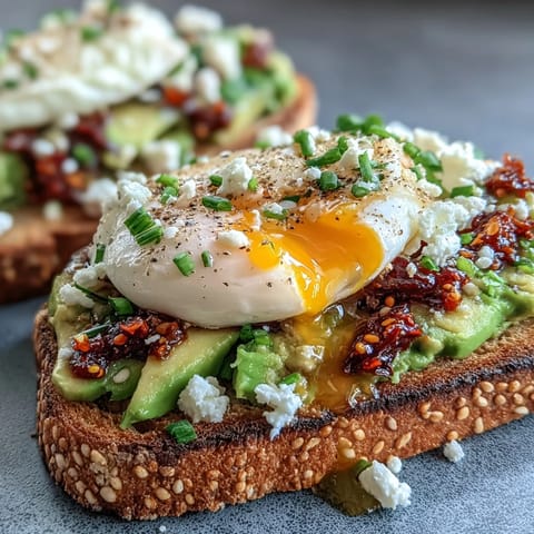 Creamy avocado toast with a perfectly poached egg, topped with a drizzle of fragrant chili crisp oil for a spicy, satisfying breakfast.