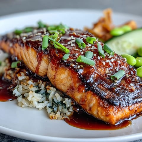 A vibrant teriyaki salmon bowl with fluffy rice, edamame, and crisp cucumber slices, drizzled with savory glaze.
