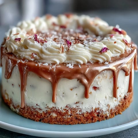 Elegant Rosé Velvet Cake with beautiful gold drip for a bridal shower.