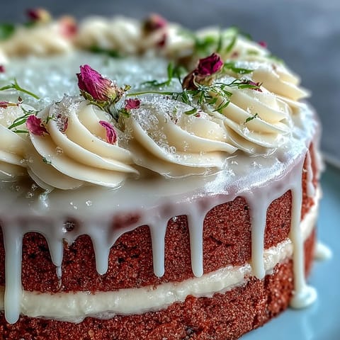 Soft pink Rosé Velvet Cake frosted beautifully with a shimmering gold drip.