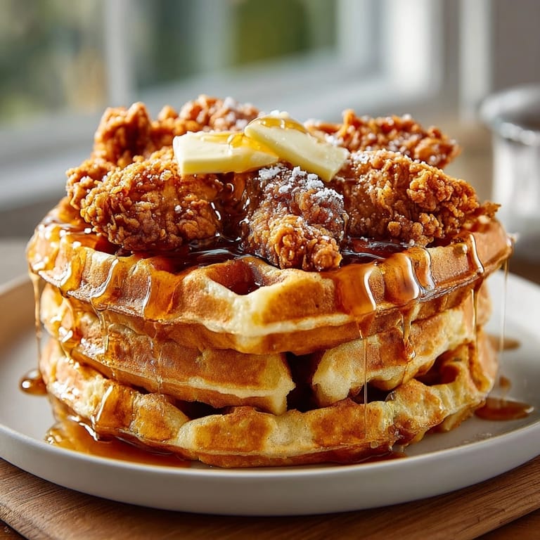Southern chicken and waffles served warm, maple syrup drizzled over crunchy chicken and soft waffles.