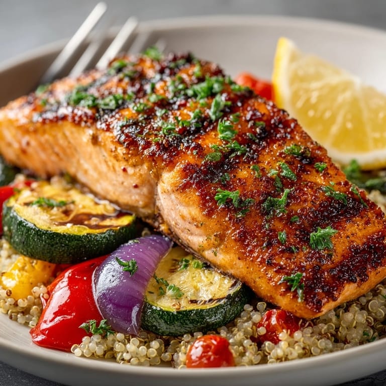 Juicy grilled salmon with quinoa and roasted vegetables served on a rustic dinner table.
