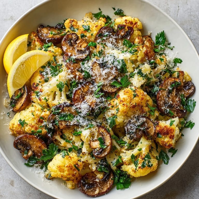 Close-up of savory Garlic Cauliflower Mushroom Skillet, showing caramelized vegetables and golden cauliflower florets.