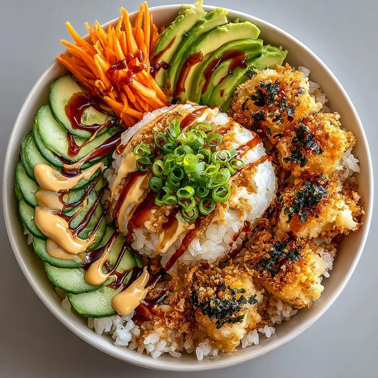 Vibrant Crunch Roll Sushi Bowl arranged with imitation crab, nori strips, and colorful vegetables for serving.