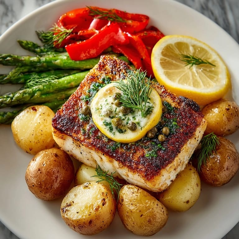 Pan-seared halibut fillet topped with zesty lemon-herb butter and colorful roasted veggies