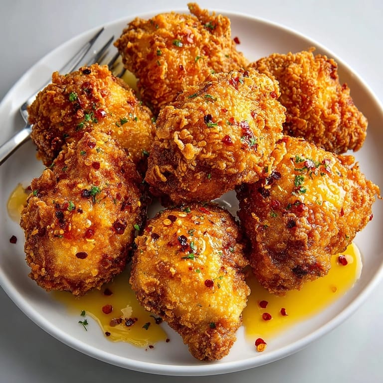 Juicy Buttermilk Fried Chicken with golden crust, served hot with homemade honey hot sauce drizzle.