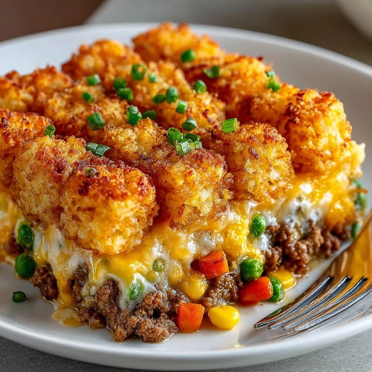 Hearty Church Supper Hotdish (Tater Tot Casserole) in a rustic casserole dish, bubbling and cheesy
