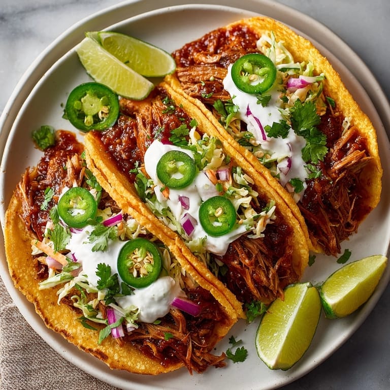 Close-up of Rebel Float Root Beer Braised Pork Tacos, finished with lime wedges and vibrant toppings on a rustic plate.