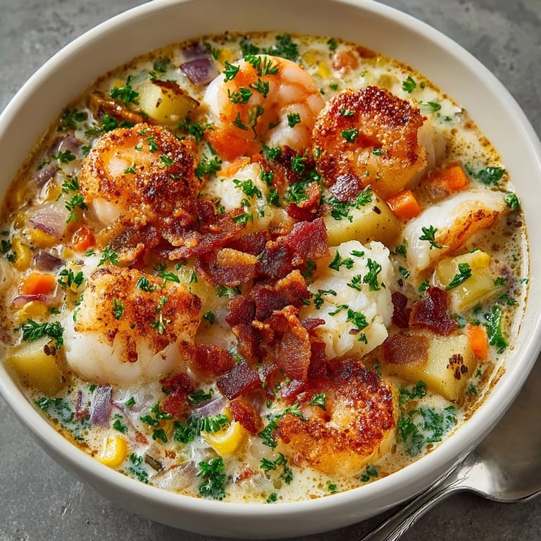 Creamy Coastal Fisherman's Chowder brimming with seafood, potatoes, and golden bacon.