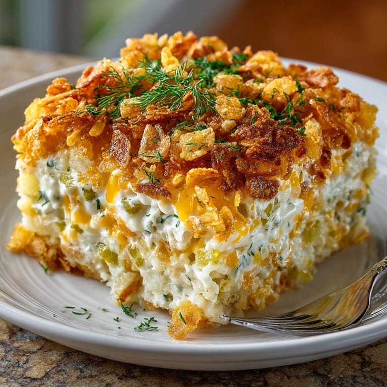 A close-up image shows a creamy, cheesy casserole of Midwest Classic Funeral Potatoes, topped with crispy golden cornflakes.