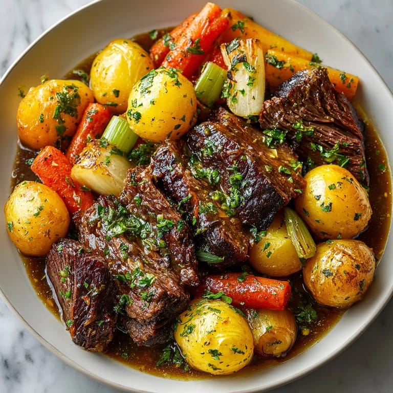Tender Midwest slow cooker pot roast with fall vegetables, swimming in rich, savory gravy, ready to serve.