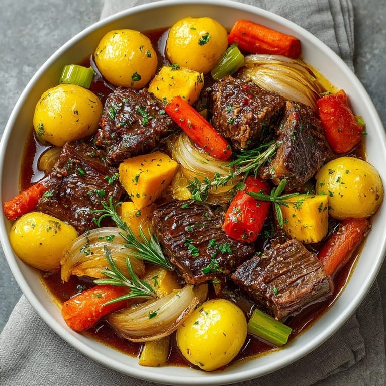 Steaming Midwest hearty slow cooker pot roast, a classic comfort meal with vegetables; imagine the aromas!