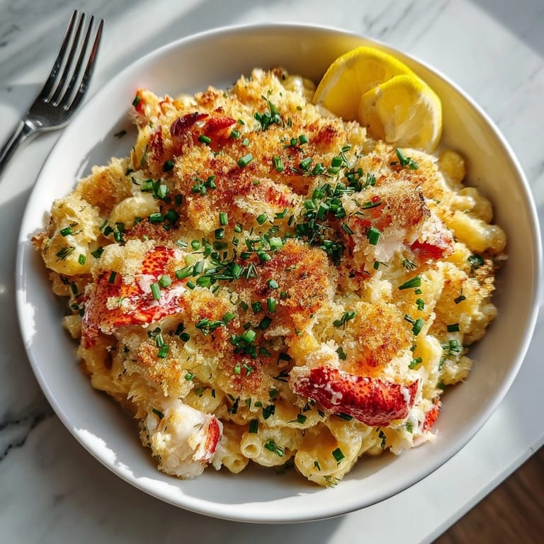 Golden-baked Coastal Lobster Roll Mac and Cheese with fresh chives, a seafood delight.